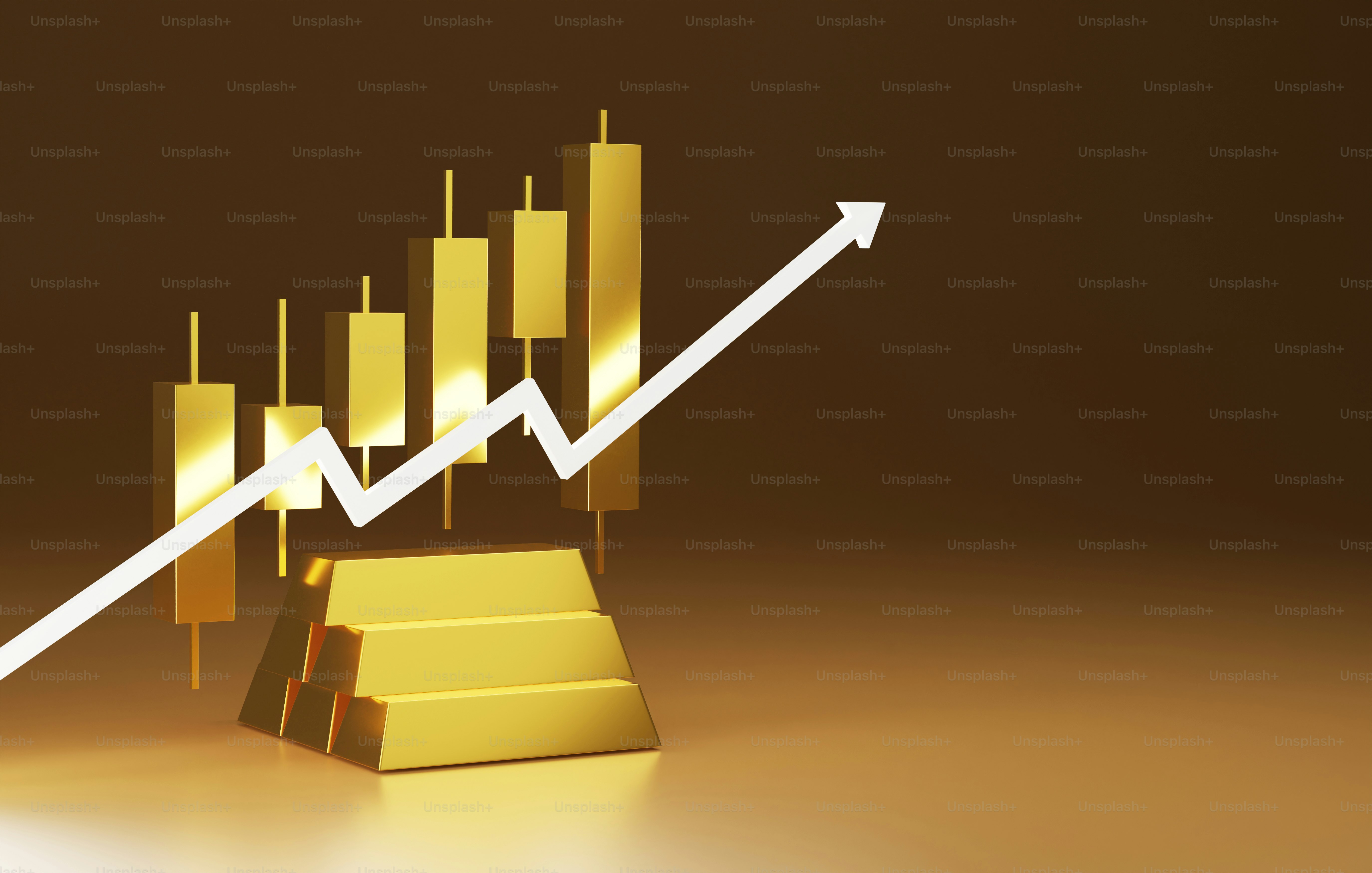 Gold bars stacked beneath a rising white trend line and gold candlestick chart